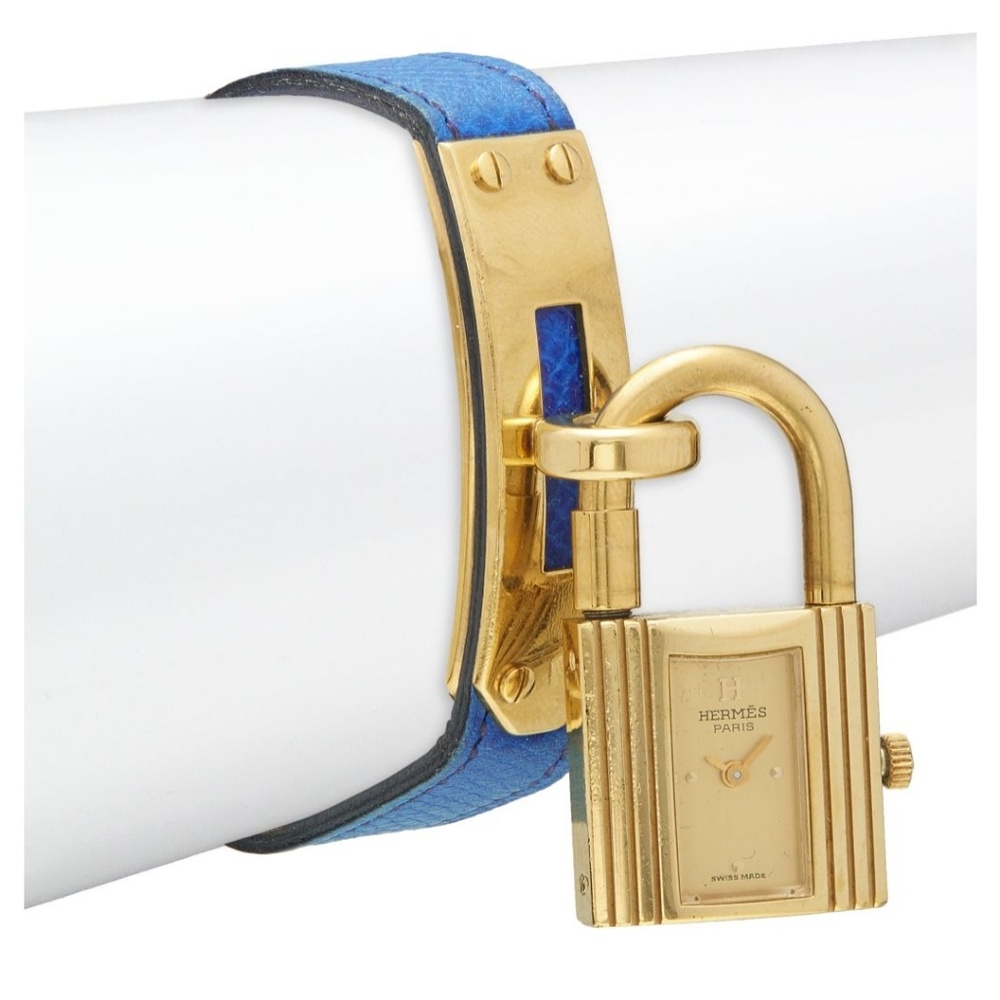 Hermes Blue Leather Gold Kelly Padlock Watch